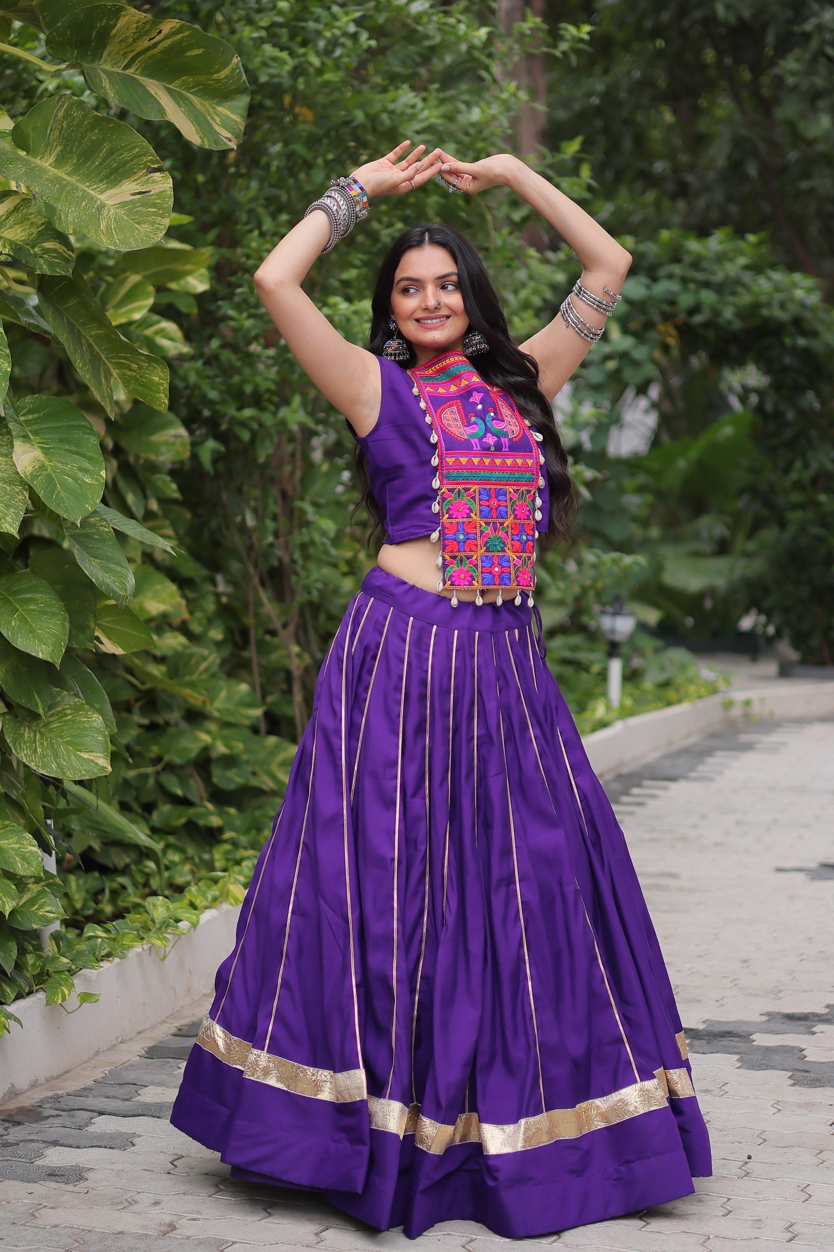 Roman Fabric Gota Patti Lehenga Choli with Kutchi Gamthi Work